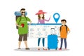 Happy family travellers with baggage and big boarding pass,funny vacation concept