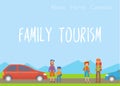 Happy family travelling with packs outdoors vector illustration. Poster, card family travel day. Family and parenthood