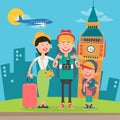 Happy Family Travelling by Plane to England. Father, Mother and Son in London