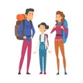 Happy Family Travelling Together with Backpacks, Mother, Father and Daughter Trekking to Nature, Hiking, Adventures