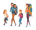 Happy Family Travelling Together with Backpacks, Mother, Father, Their Son and Daughter Trekking to Nature, Hiking