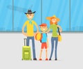 Happy Family Travelling Together with Luggage on Airport Background Vector Illustration