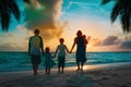 Happy family with tree kids walk at sunset beach Royalty Free Stock Photo