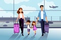 Happy family with two kids going to their summer vacation. Family travel by airplane. Vector flat cartoon illustration