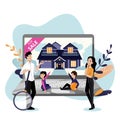 Happy family with two kids looking for house to buy. Vector flat cartoon illustration. Online home sale, property rent Royalty Free Stock Photo