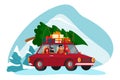 Family rides on car with Christmas Tree, gifts on roof. Preparation and celebrating New Year. Vector illustration Royalty Free Stock Photo