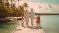 Happy family with two kids walking on wooden pier at tropical beach resort. Generative AI Royalty Free Stock Photo