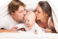 Happy family under blanket on the bed at home Royalty Free Stock Photo