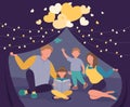 Happy family under the marquee with a garland. Parents and children. Mother, father, daughter and son.  Flat character. Vector Royalty Free Stock Photo