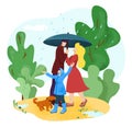 Happy Family Under Rain, Couple Hold Umbrella, Vector Illustration. Cartoon Man Woman With Kid People Walk Together At