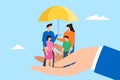 Happy family under umbrella of love with big supporting hand in flat design Royalty Free Stock Photo