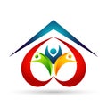 Happy Family union, love heart shaped care kids and care happy with home house roof shape logo.