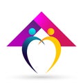 Happy Family union, love heart shaped hands care kids and care happy with home house roof shape logo.