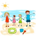 Happy family on vacation at beach. Drawing child of his family. Vector illustration Royalty Free Stock Photo