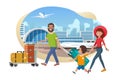 Family with Baggage in Airport Cartoon Vector