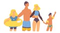 Happy family at vacation at tropics. Hugging and pointing at sky kids and adults isolated on white with inflatable ring in