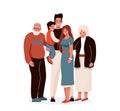 Happy family vector illustration. Father, mother, grandfather, grandmother, child hug each other. Isolated on white Royalty Free Stock Photo