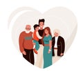 Happy family vector illustration in heart shape. Father, mother, grandfather, grandmother, child hug each other
