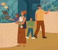 Happy family visiting oceanarium vector illustration scene