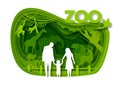 Happy family visiting zoo park, vector paper cut illustration. Zoo animals. Royalty Free Stock Photo