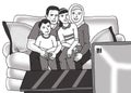 Happy family waching TV black and white illustration Royalty Free Stock Photo
