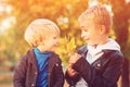 Happy family on a walk in autumn. Two boys playing in autumn leaves. Happy and healthy childhood Royalty Free Stock Photo