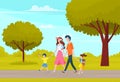 Happy family walk in park or city garden. Mom, dad and two children spend time outdoors together Royalty Free Stock Photo