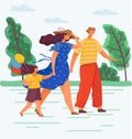 Happy family walk in the park. Healthy lifestyle. Family walk during warm season and windy weather