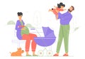 Happy family for a walk. A pregnant mom is sitting on a bench, a baby carriage, a dad is playing with a little daughter Royalty Free Stock Photo