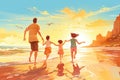 Happy family walking on the beach at sunset. Summer vacation concept. Vector illustration, Happy family enjoying together on beach Royalty Free Stock Photo