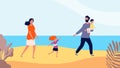 Happy family walking on beach. Travel time, mother father daughter and son. Summer time, sea or ocean relaxing vector Royalty Free Stock Photo