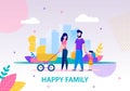 Happy Family Walking in City Flat Banner Template