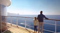 Happy family walking on deck of ship. Luxury cruise vacation