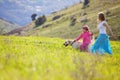 Happy family walking with dog Royalty Free Stock Photo