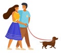 Happy family walking dog. Girl holds dog collar, guy hugs girl by the shoulders. Flat vector image Royalty Free Stock Photo