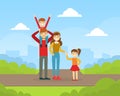 Happy Family Walking and Having Fun Outdoors, Mother, Father, Daughter and Son Spending Time Together in Park Cartoon Royalty Free Stock Photo