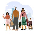 Happy family walking and holding bags with purchases. Cute father,mother, daughter and son are shopping in the city. Royalty Free Stock Photo