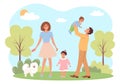 Happy family walking in the park. Mother, father, daughter, son and a dog Royalty Free Stock Photo