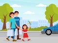 Happy family walking with shopping bags in park. Parents and kids having good time together cartoon vector Royalty Free Stock Photo