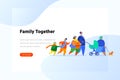 Happy Family walking together Flat vector illustration concept. Mother Father with baby carriage Sister and Brother and Grandma