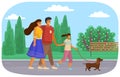 Happy family walking together with small dog. Mother, father and daughter with pet in summer park Royalty Free Stock Photo