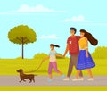 Happy family parents and daughter walking together with small dog along walkway sunny day in park Royalty Free Stock Photo