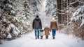 Happy family walking in winter forest. Mother, father and child having fun on snowy road Royalty Free Stock Photo