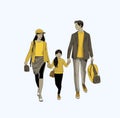 Happy family walks around the city park. Father, mother, son and daughter together outdoors. illustration in cartoon style Royalty Free Stock Photo