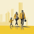 Happy family walks around the city park. Father, mother, son and daughter together outdoors. illustration in cartoon style Royalty Free Stock Photo