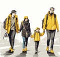 Happy family walks around the city park. Father, mother, son and daughter together outdoors. illustration in cartoon style Royalty Free Stock Photo