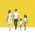 Happy family walks around the city park. Father, mother, son and daughter together outdoors. illustration in cartoon style Royalty Free Stock Photo