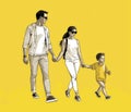 Happy family walks around the city park. Father, mother, son and daughter together outdoors. illustration in cartoon style Royalty Free Stock Photo