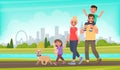 Happy family walks around the city park. Father, mother, son and daughter together outdoors. Vector illustration
