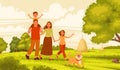 Happy family walks in nature. Mom, dad, daughter and son are actively resting in the village. Parents and children on the Royalty Free Stock Photo